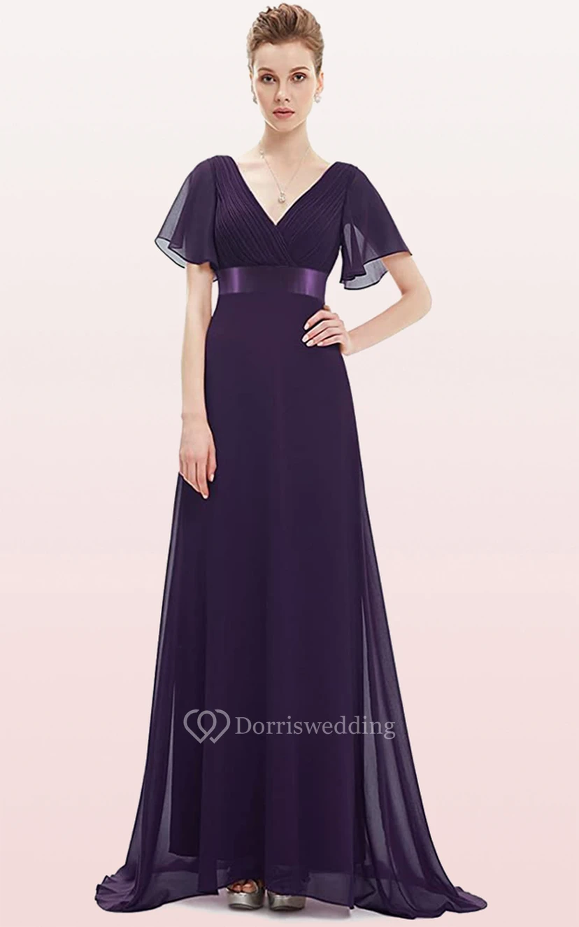Elegant Chiffon V-neck A Line Short Sleeve Prom Mother Dress With Ruffles view 12