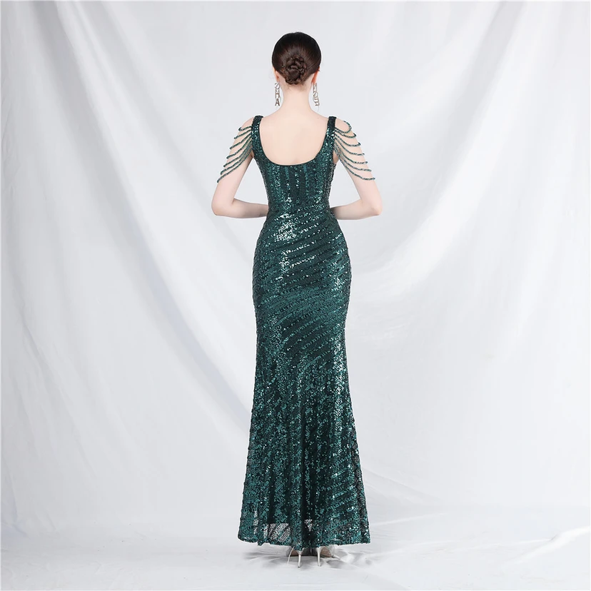Craft Sequined Velvet Bottom Handmade Beaded Long Elegant Light Luxury Evening Dress view 36
