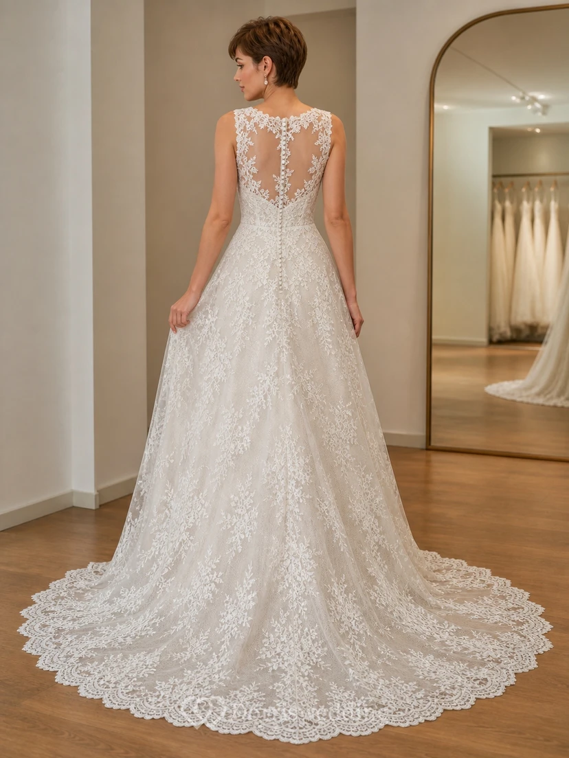 Vestido de novia de lujo con escote en V profundo, encaje floral y cola catedral view 2