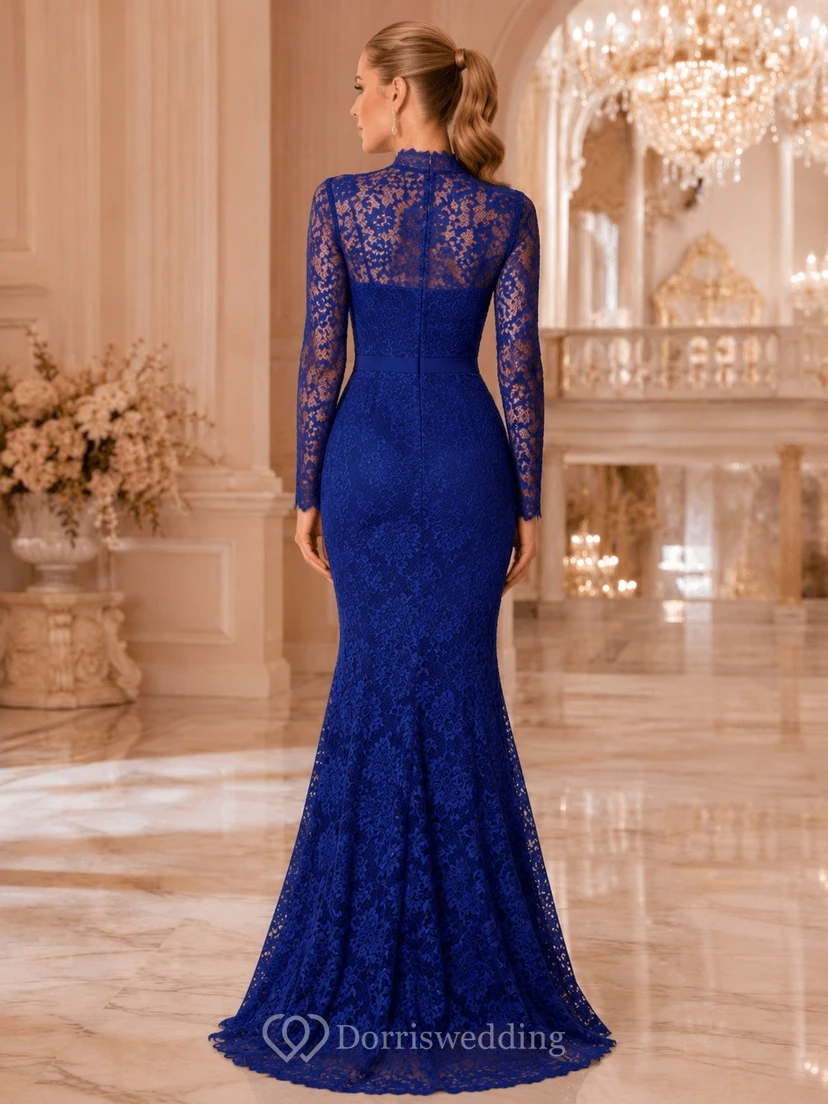 Royal Blue High Neck Illusion Long Sleeve Lace Mermaid Dress view 2