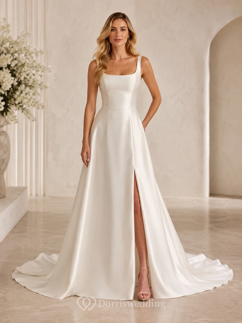 Minimalist Satin Wedding Dress A-Line Square Neck Sleeveless Sweep Train with Slit Bridal Gown