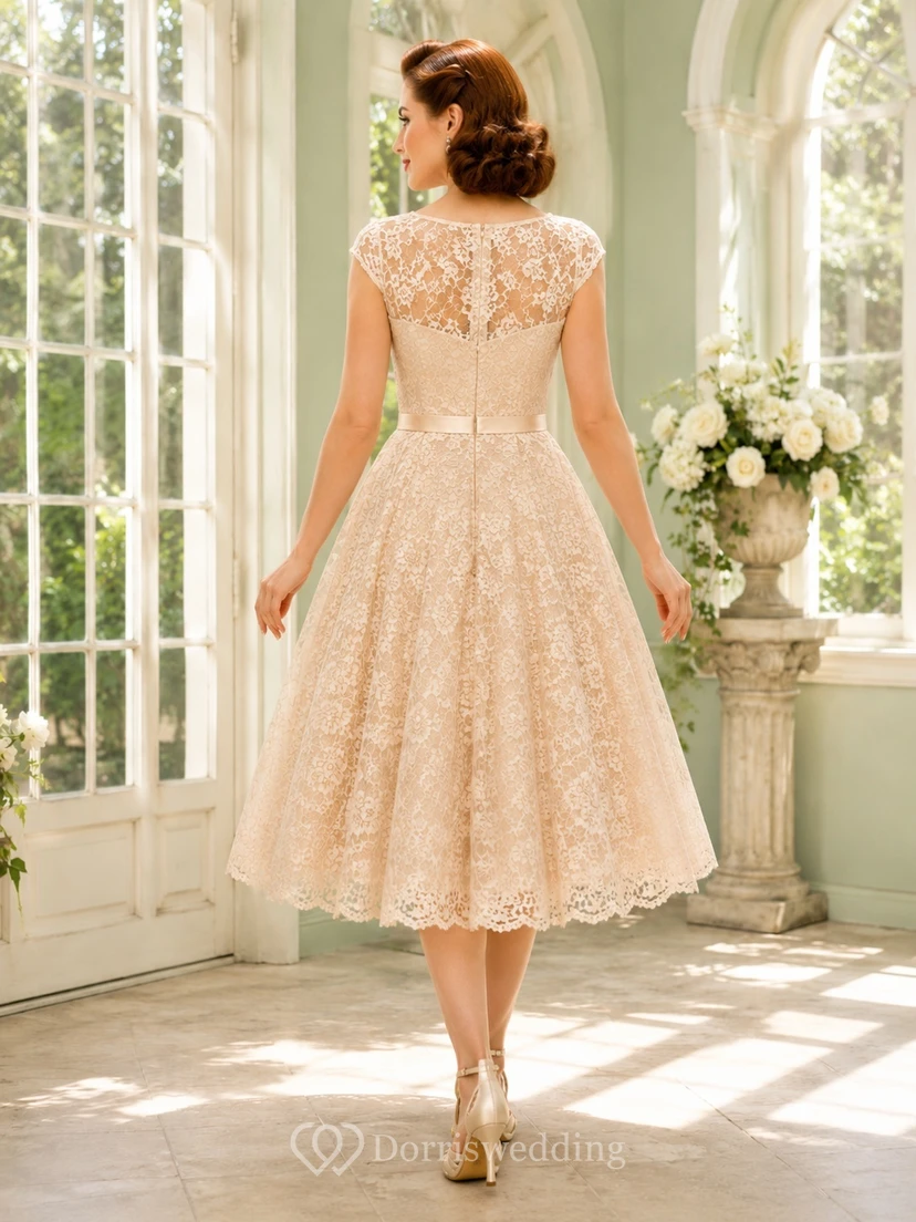 Vintage-Kleid aus cremefarbenem Chiffon mit Rundhalsausschnitt, kurzen Ärmeln und Spitze, A-Linien-Schnitt, Teelänge view 2