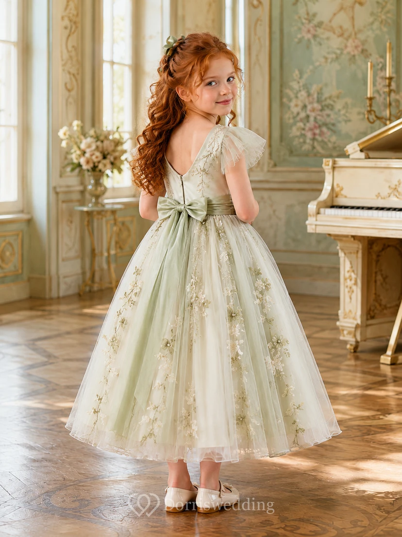 Sage Pleated Cap Sleeve Ankle-Length A-Line Flower Girl Dress with Botanical Embroidery, Floral Waist Cluster and Satin Back Bow view 2
