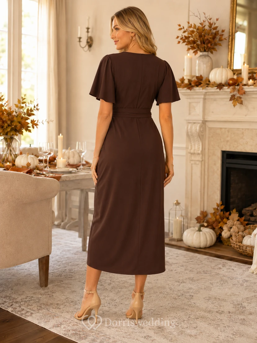 Chocolate Brown Short Sleeve Wrap Midi Thanksgiving Guest Dress view 2