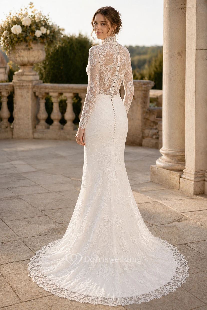 Vestido de novia ajustado de encaje con mangas largas | Body de novia de encaje view 2