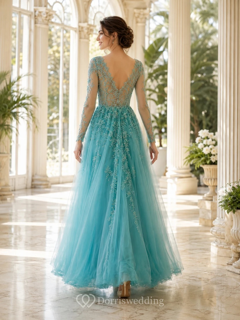 Langärmeliges, türkisfarbenes Brautkleid aus Illusionsspitze und Tüll in A-Linie, knöchellang view 2