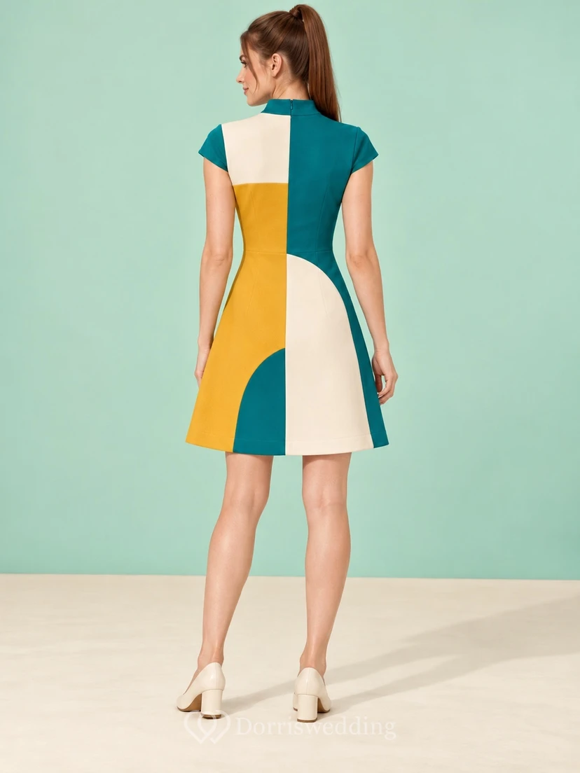 Vintage Teal Mustard High Neck Cap Sleeve A-line Dress view 2