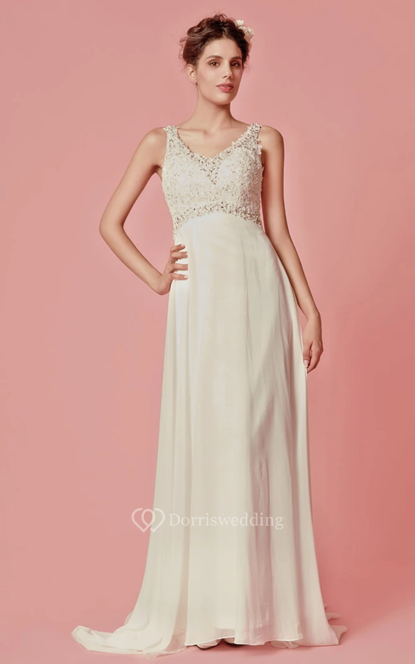 Ärmelloses, langes Chiffonkleid mit V-Ausschnitt und perlenbesetzten Spitzendetails view 2