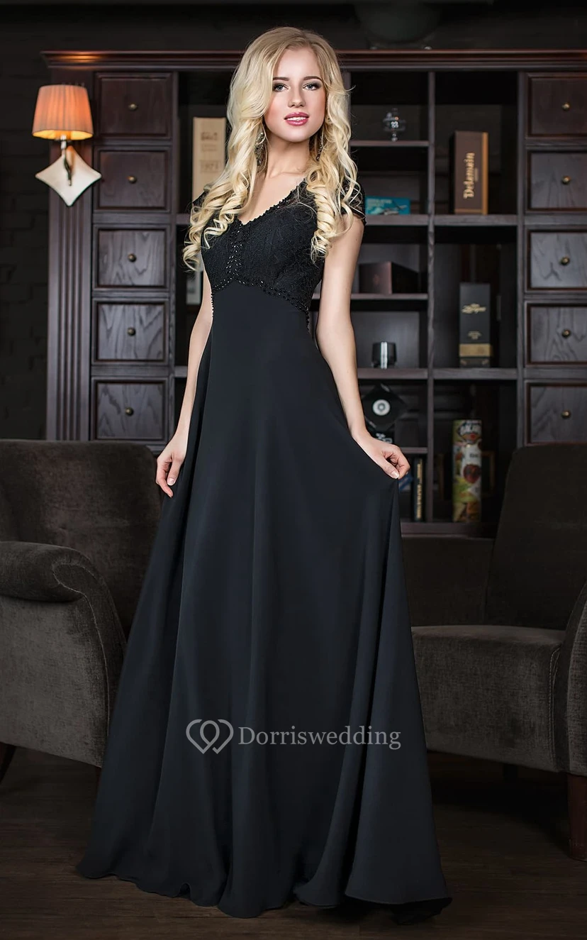 a-line Floor-length V-neck Short Sleeve Chiffon Zipper Dress view 4