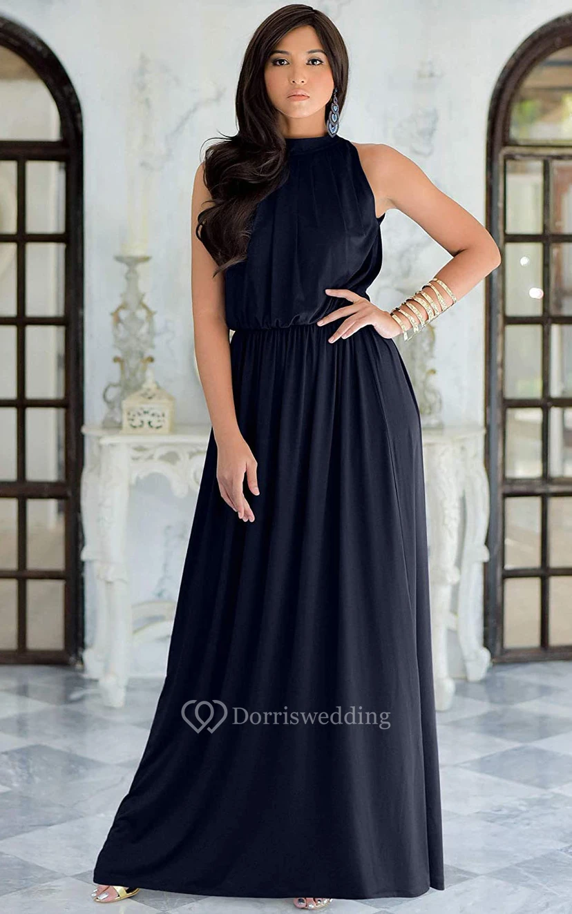 Einfaches Chiffon-Abendkleid in A-Linie mit Neckholder und Raffungen, hohem Kragen und Neckholder view 13