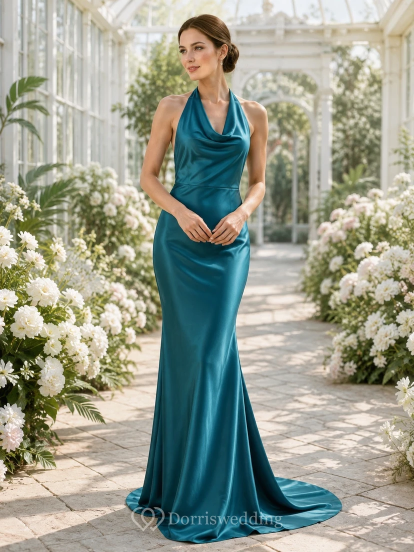 Schlichtes, dunkelgrünes Brautkleid aus Satin mit Neckholder, Wasserfallausschnitt und Meerjungfrauenschnitt sowie Schleppe