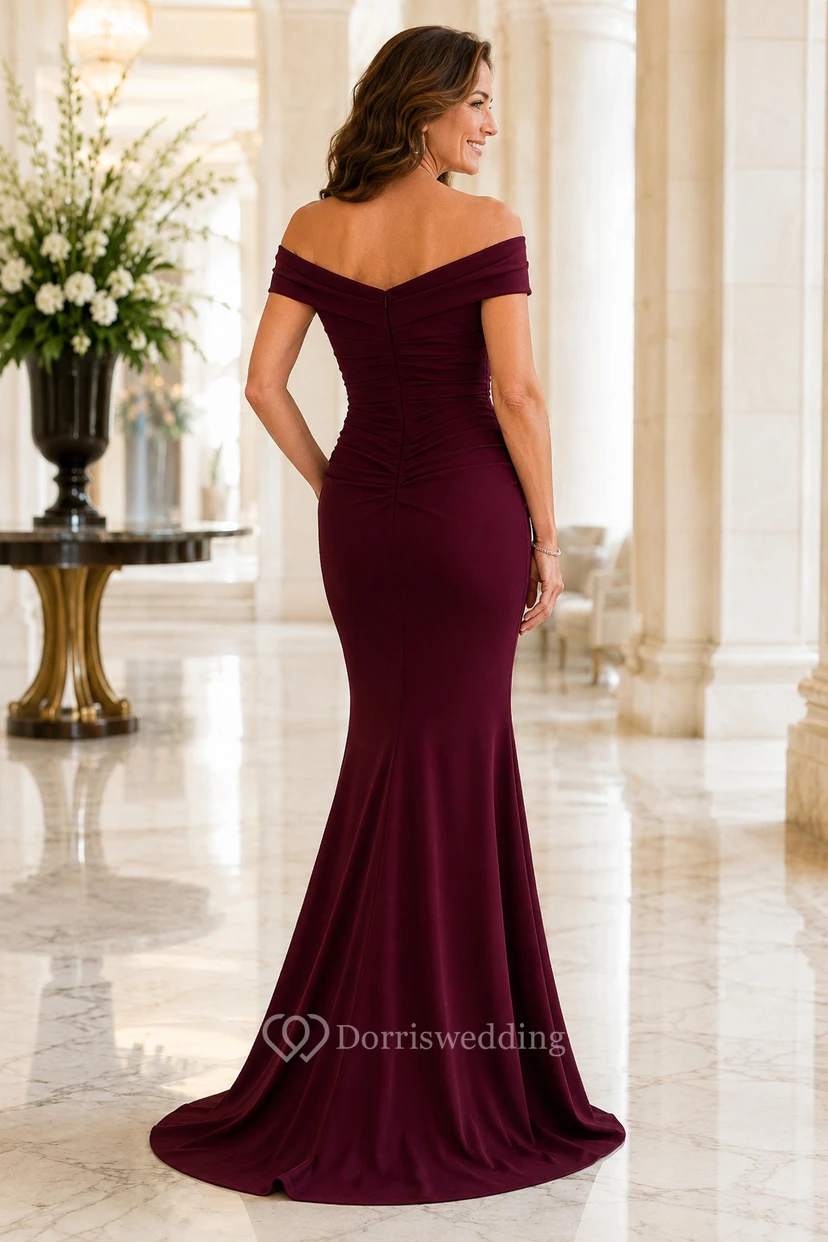 MOB Kleid Burgunderrot Stretch-Satin Meerjungfrau Kurzarm schulterfrei bodenlang drapiert view 2