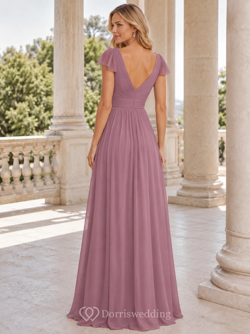 Vestido de gasa color malva con escote en V y mangas con volantes view 2