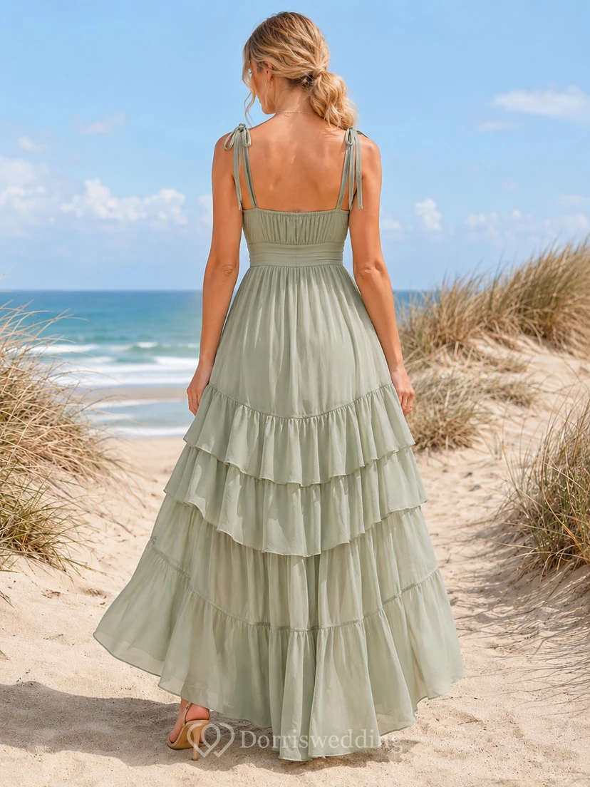 Sage Chiffon Spaghetti Tiered High-low A-Line Dress view 2