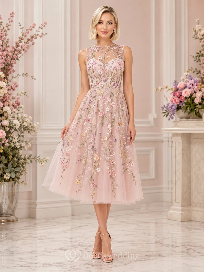 Vintage-Kleid aus rosafarbenem Tüll mit Rundhalsausschnitt, kurzen Ärmeln und Teelänge, A-Linien-Schnitt und Blumenmuster
