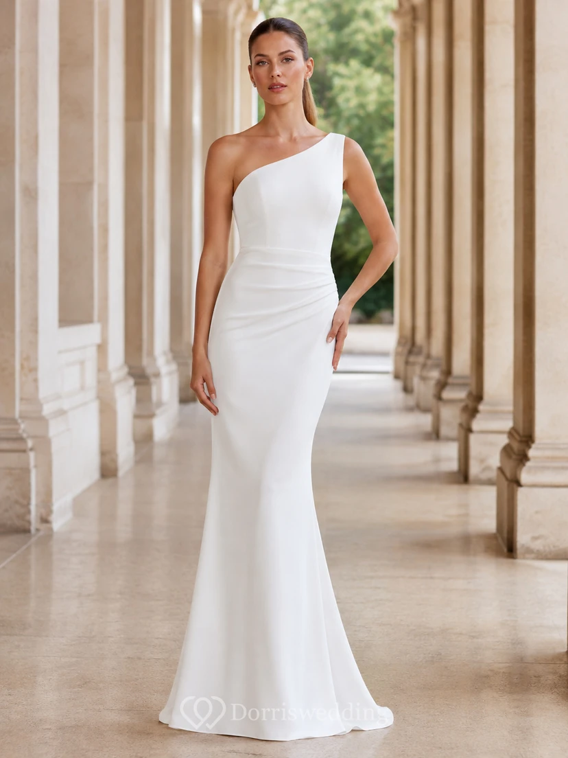 Robe de mariée sirène moderne asymétrique sans manches en jersey, longueur au sol.