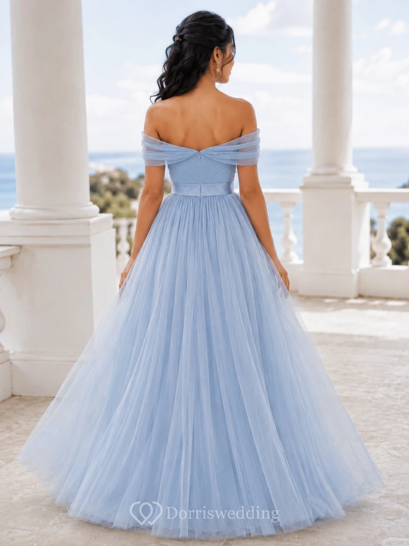Himmelblaues Junior-Brautjungfernkleid, Ballkleid, schulterfrei, Blütenblattärmel, Tüll, romantisch view 2
