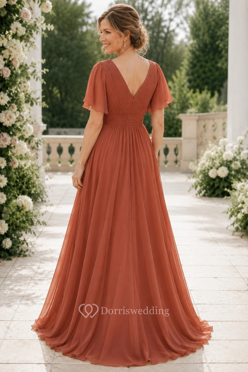 MOB Kleid aus Papaya-Chiffon, A-Linie, Kurzarm, V-Ausschnitt, bodenlang, plissiert view 2