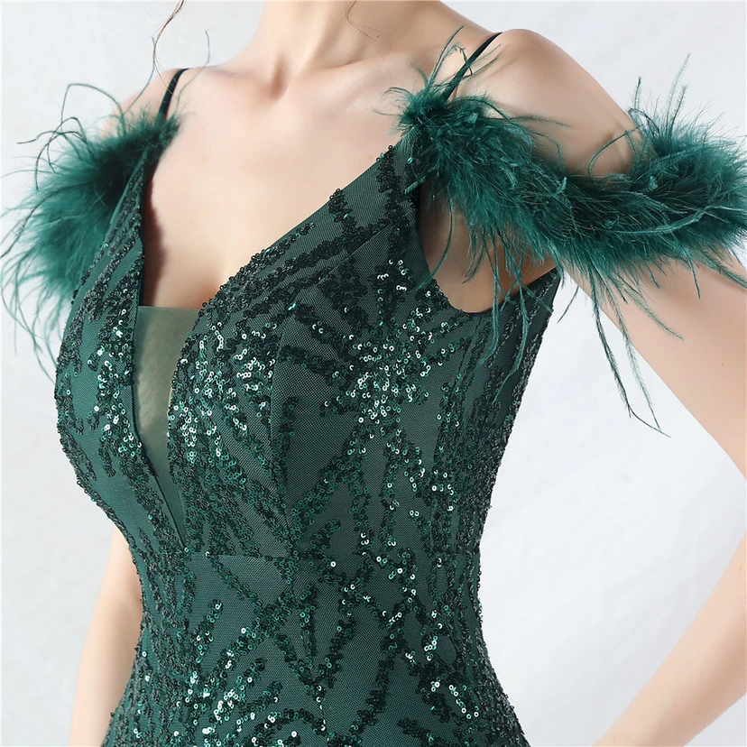 9-farbiges, handgefertigtes Abendkleid aus Kamelfedern, Netzstoff und Pailletten, sexy Trägern view 19