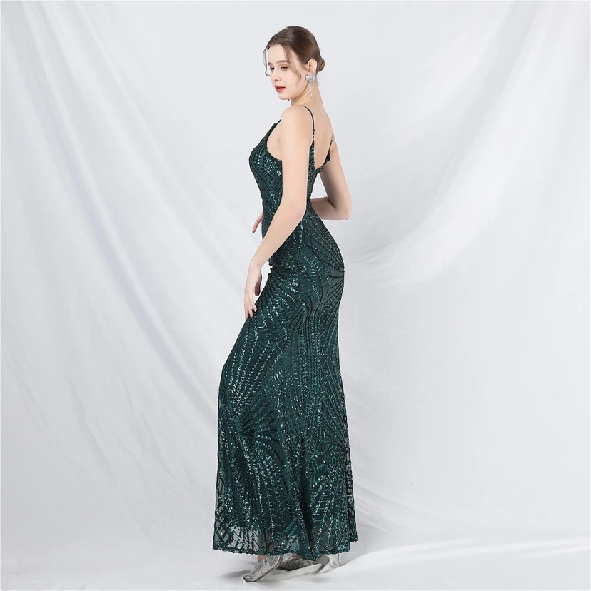 Robe de soirée longue à bretelles en maille transparente ornée de perles et de sequins view 67