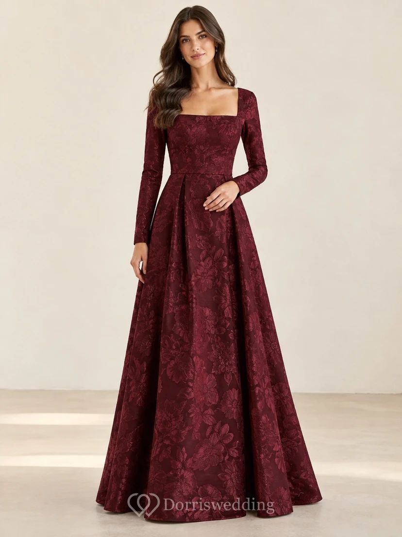 Vestido de dama de honor de jacquard floral burdeos con cuello cuadrado y manga larga