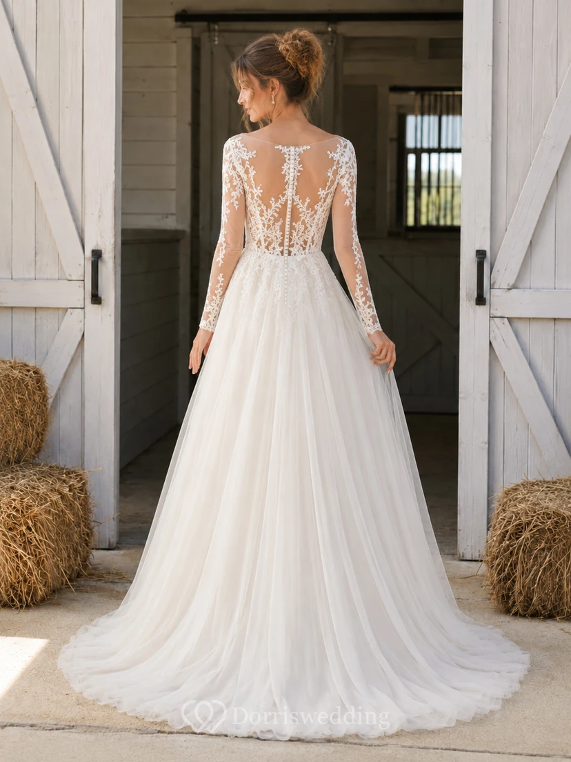 Robe de mariée champêtre romantique western à décolleté cœur, manches illusion longues, en dentelle et tulle, coupe trapèze, longueur au sol view 2