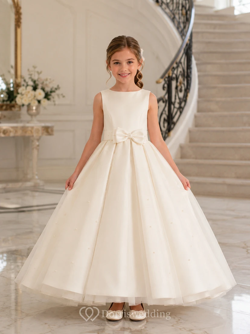 Robe de demoiselle d'honneur sans manches en satin ivoire et tulle, coupe trapèze, encolure bijou et jupe longue ornée d'un nœud.