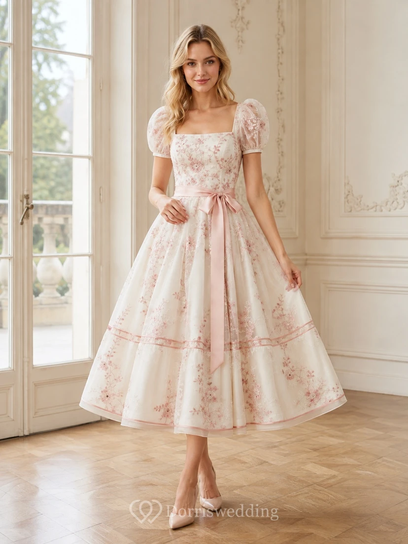 Robe vintage crème à imprimé floral, manches bouffantes, plissée, coupe trapèze, longueur thé