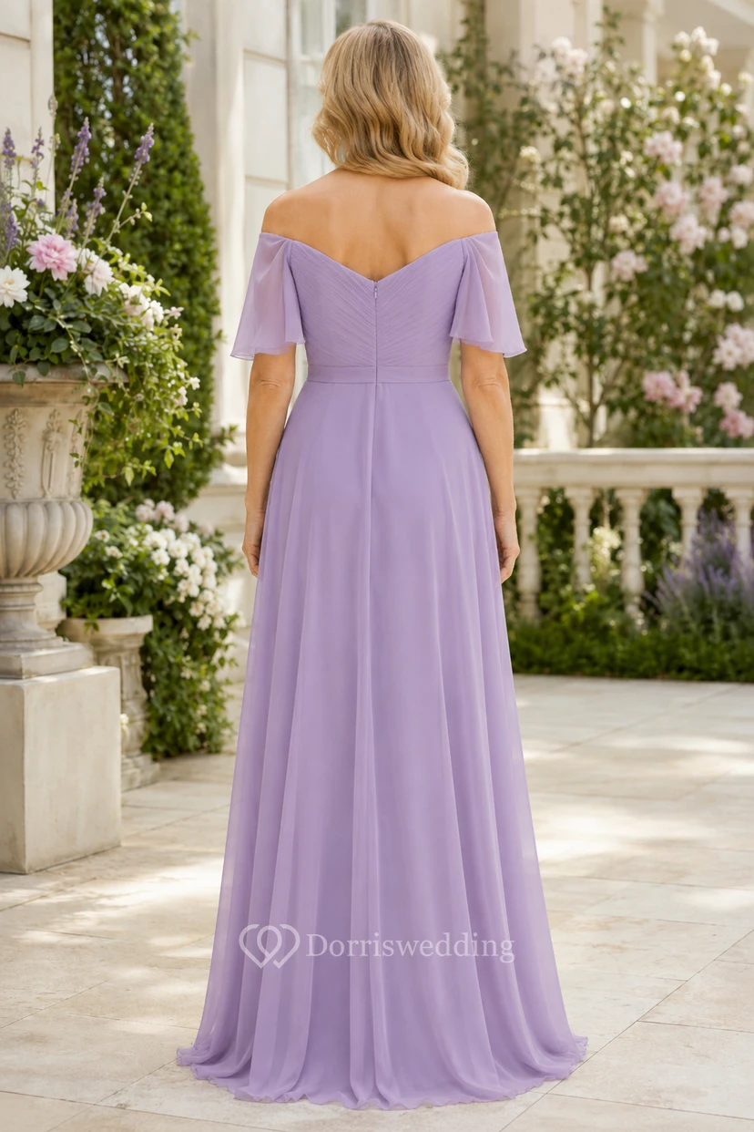 Lavendelfarbenes, schulterfreies Chiffon-Kleid in A-Linie mit flatternden Ärmeln view 2