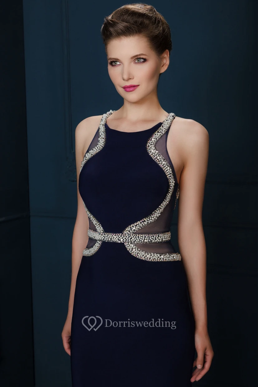 Sleeveless Beaded Scoop Neck Chiffon Evening Dress With Brush Train view 4