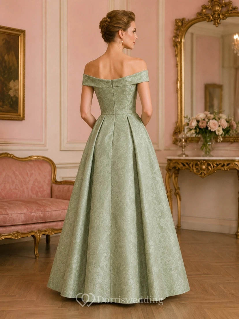 Sage Vintage Elegant Off-Shoulder Short-Sleeve Satin Draped Ball-Gown Floor-Length Evening Dress view 2