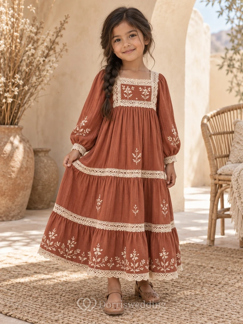 Boho-Blumenmädchenkleid in Teelänge, langärmelig, rostfarben, A-Linie, bestickt, mit Spitzenbesatz, gestuft