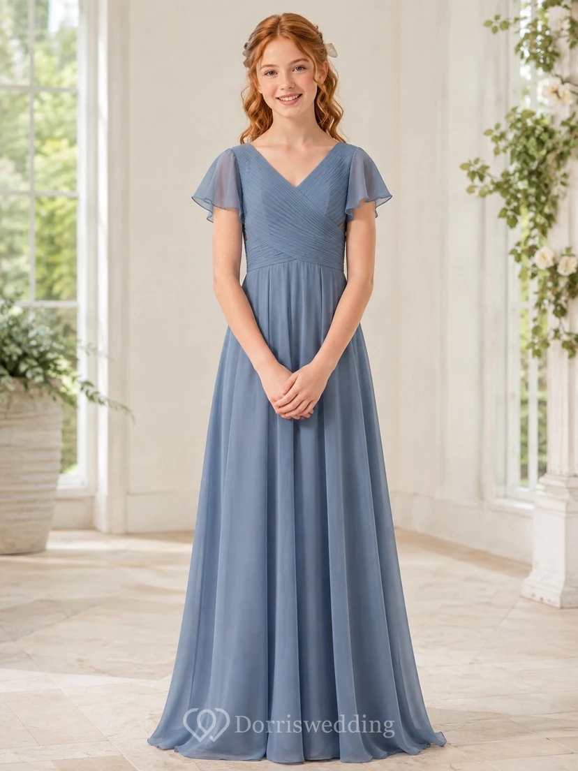 Elegantes, stahlblaues Brautjungfernkleid für junge Damen, A-Linie, V-Ausschnitt, kurze Ärmel, aus elegantem Chiffon.