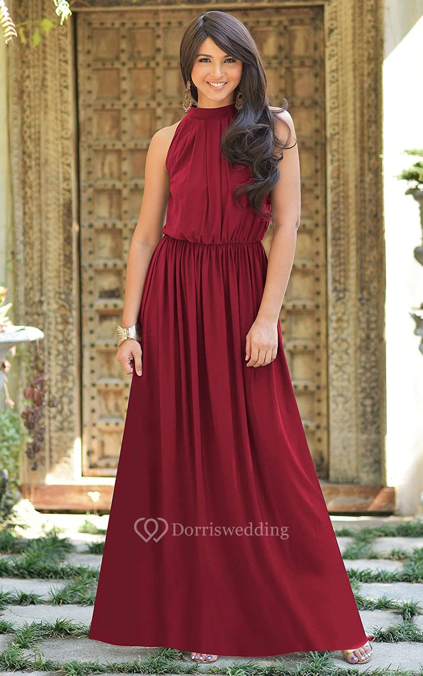 Einfaches Chiffon-Abendkleid in A-Linie mit Neckholder und Raffungen, hohem Kragen und Neckholder view 9