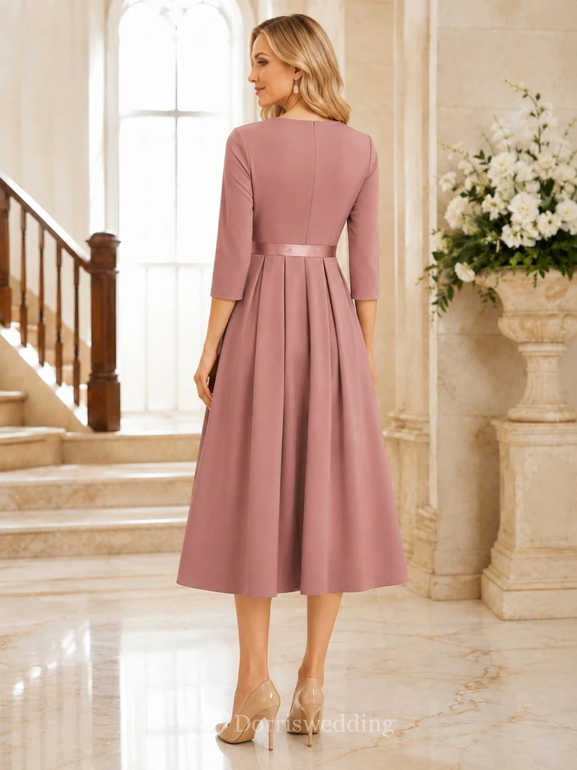 Elegantes, mauvefarbenes, dreiviertelärmeliges, plissiertes A-Linien-Kleid in Teelänge für Kirchengäste view 2