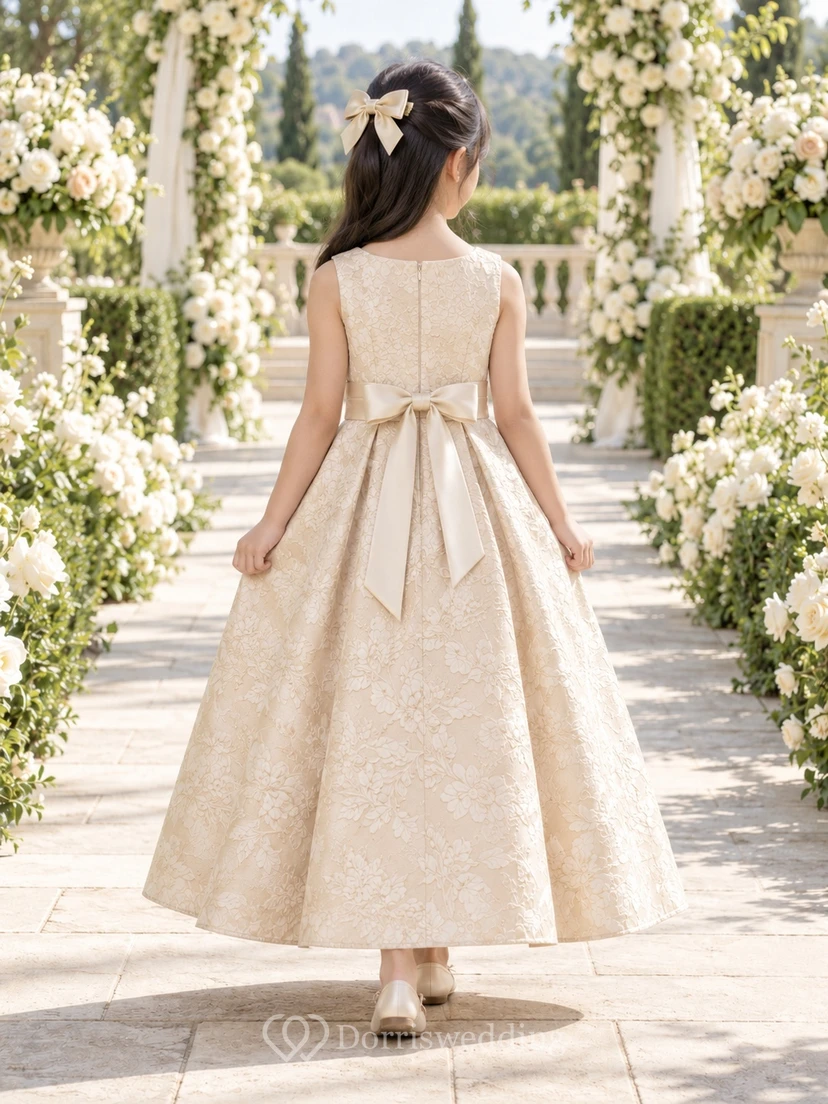 Champagne Floral-textured A-line Sleeveless Ankle-length Pleated-skirt Sashed Round-Neck Flower Girl Dress view 2