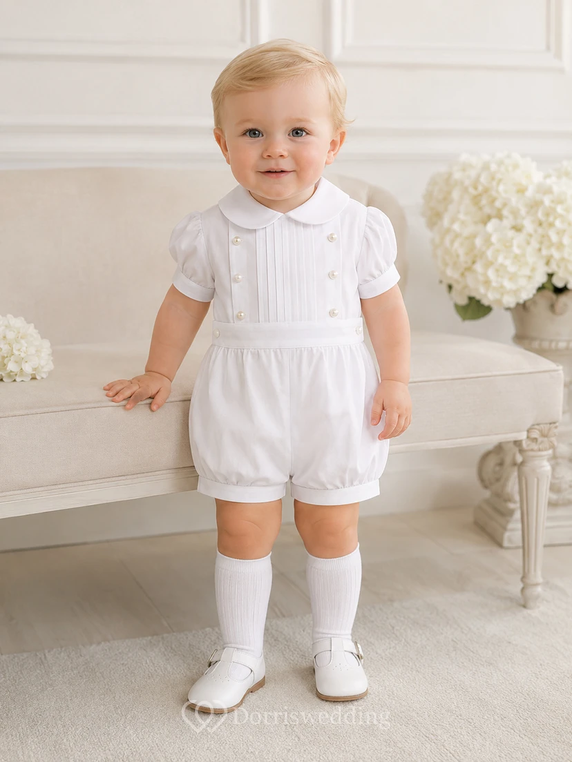 White Pintuck Waistband Collar Short Sleeve Christening Bubble Romper for Baby Boy