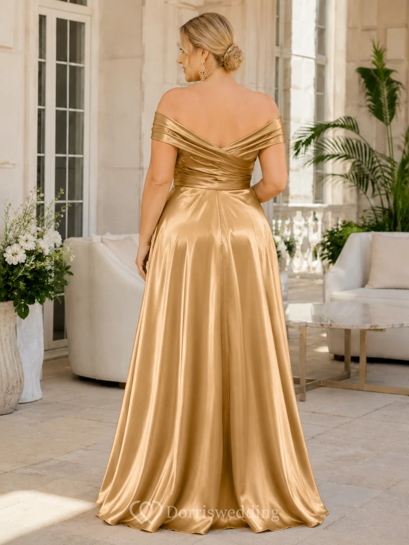 Gold Off-Shoulder Sweetheart Ruched Satin A-Line Floor-Length Plus-Size Evening Gown view 2