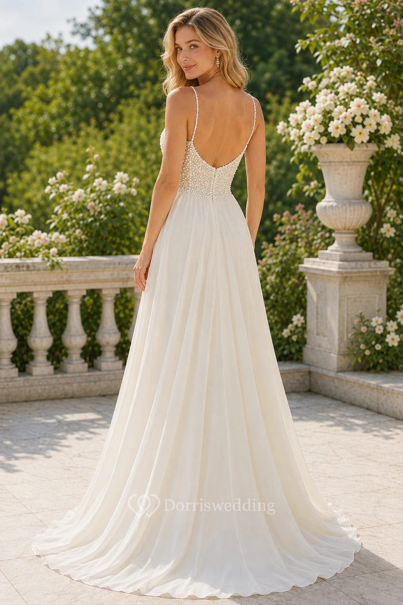 Robe de soirée trapèze en mousseline et corsage en dentelle ivoire view 2