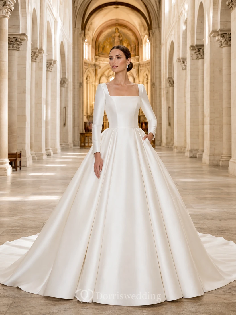 Ballkleid aus Satin mit eckigem Ausschnitt, langen Ärmeln und Kathedralenmuster