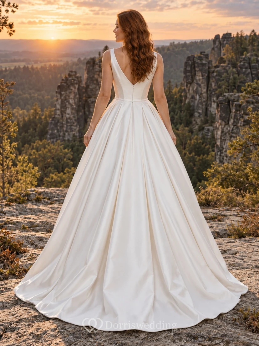 Vestido de novia sencillo y moderno de satén, corte en A, escote en V, sin mangas, falda plisada y cola larga. view 2