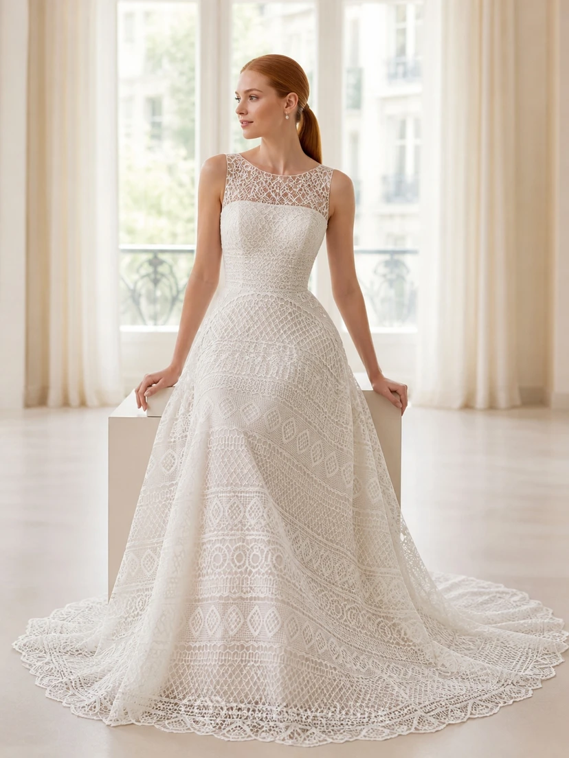 Vestido de novia moderno de corte A, sin mangas, con escote barco y encaje geométrico estilo catedral.