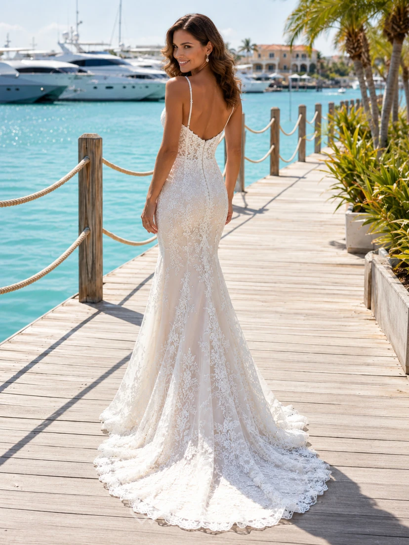 Robe de mariée Marina à bretelles spaghetti, décolleté en V, entièrement en dentelle, coupe sirène et traîne, style Marina view 2