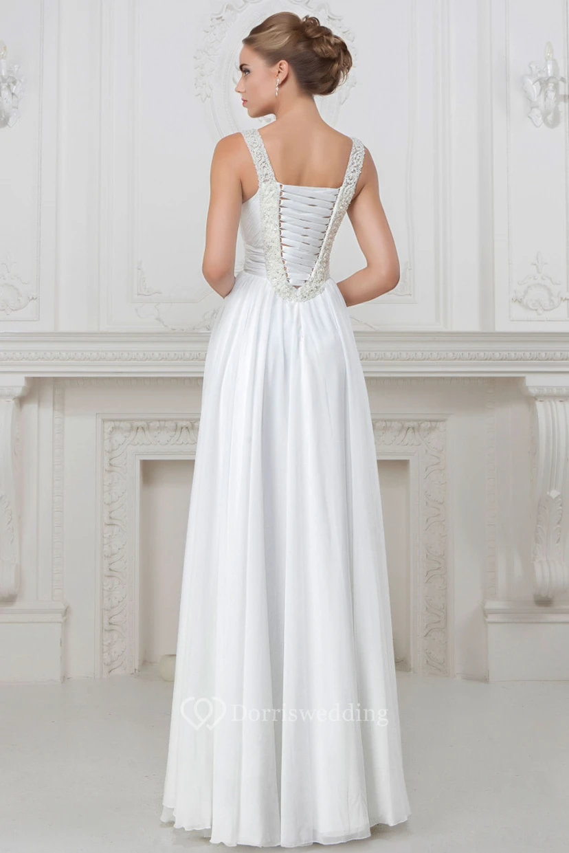 Sheath V-Neck Floor-Length Sleeveless Ruched Satin Wedding Dress With Beading view 2