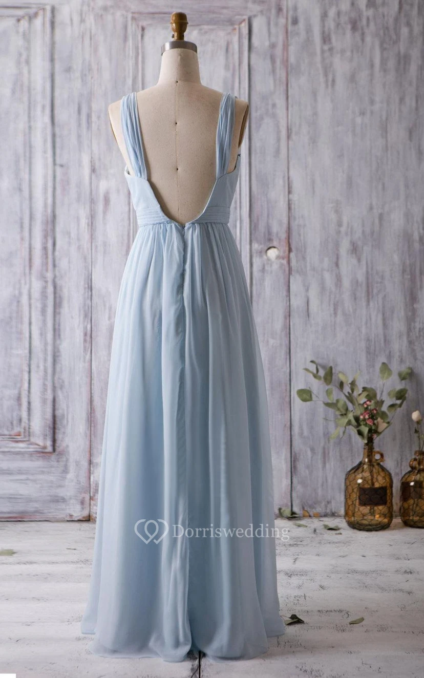 V Neck Backless Empire Waist Pleated A-line Chiffon Long Dress view 4