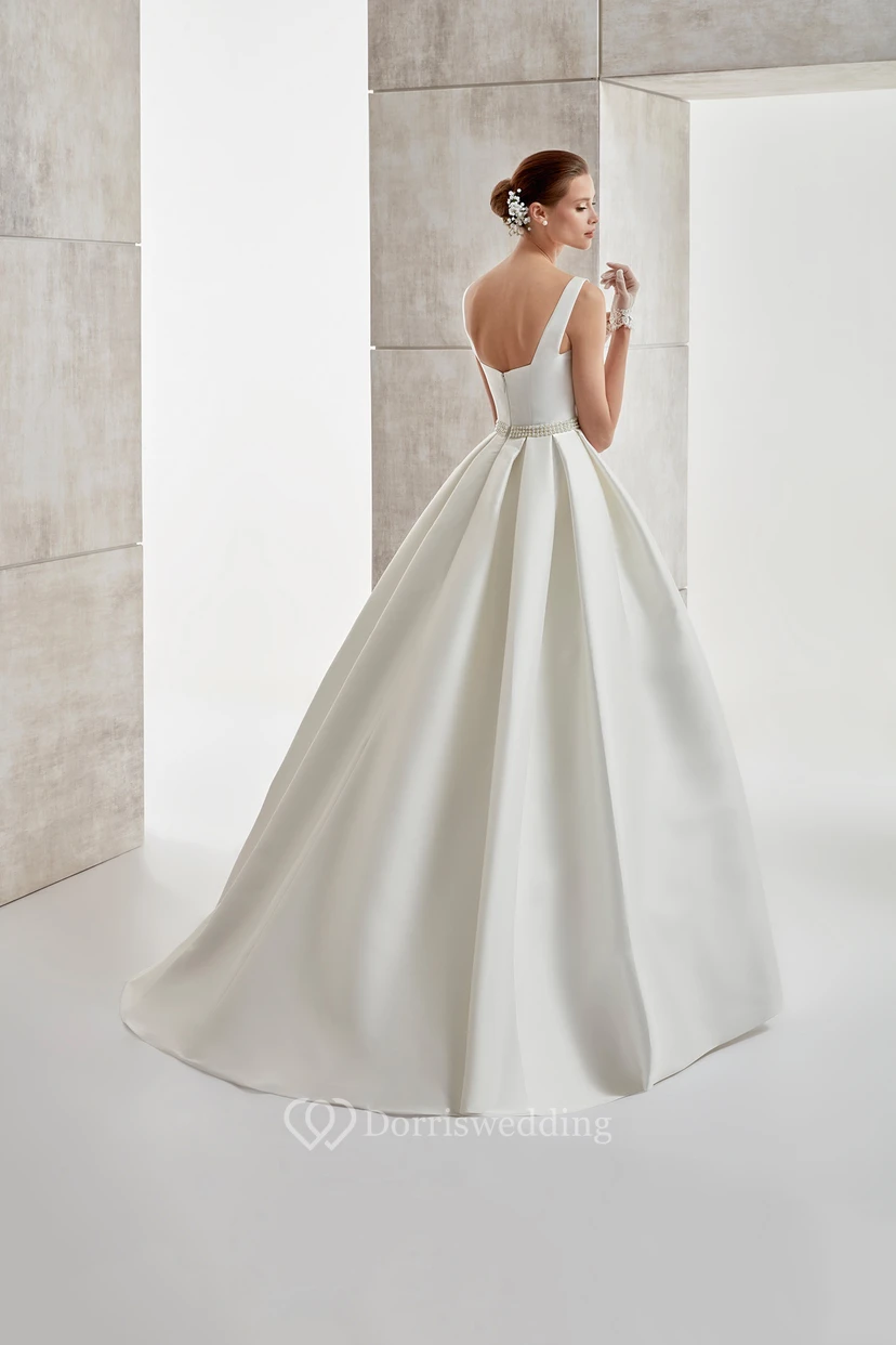 Square-Neck A-Line Satin Wedding Dress With Beaded Belt And Brush Train view 2