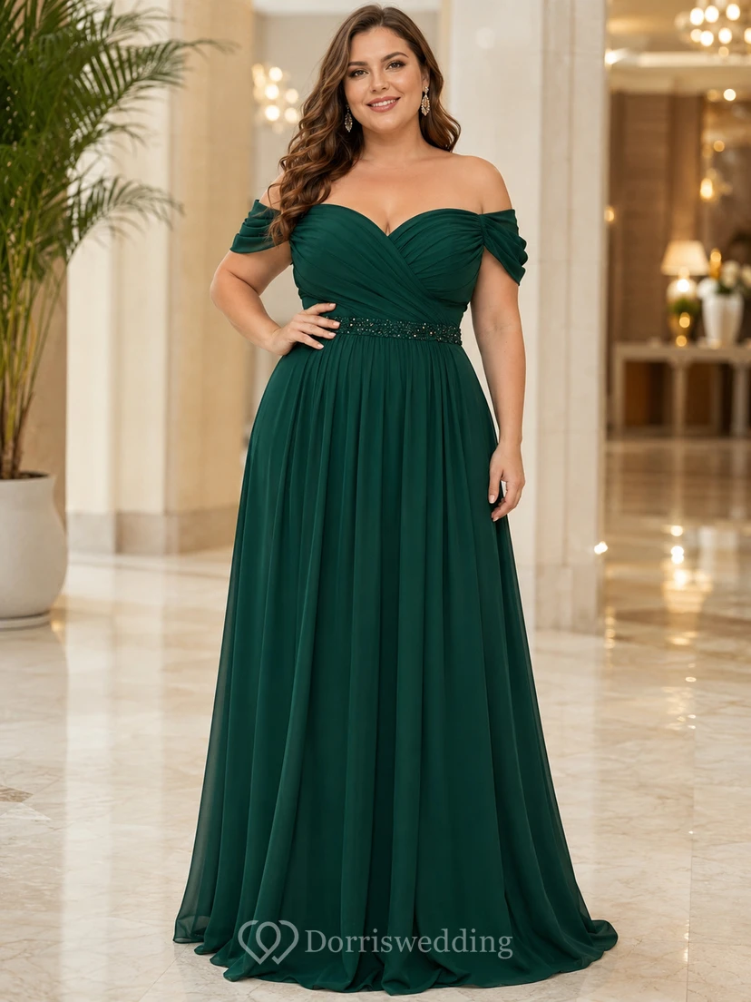 Smaragdgrünes, bodenlanges, schulterfreies Chiffon-Abendkleid in A-Linie mit kurzen Ärmeln und smaragdgrünem Muster