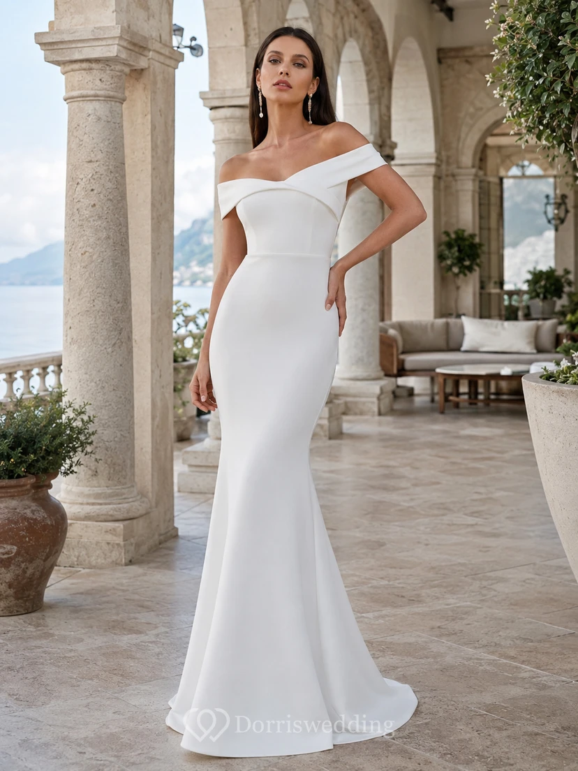 Robe de mariée sirène simple en satin à épaules dénudées et décolleté en cœur pour réception
