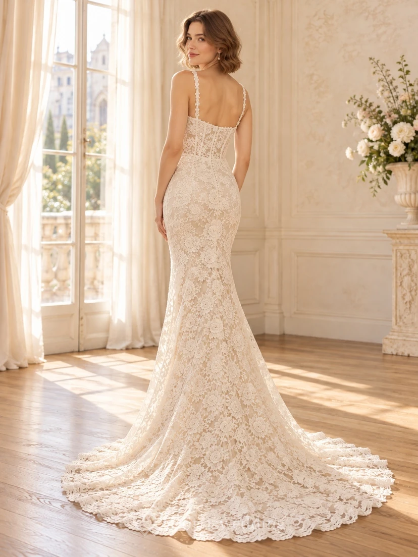 Mermaid Square Neck Thin Strap Allover Lace Wedding Dress view 2