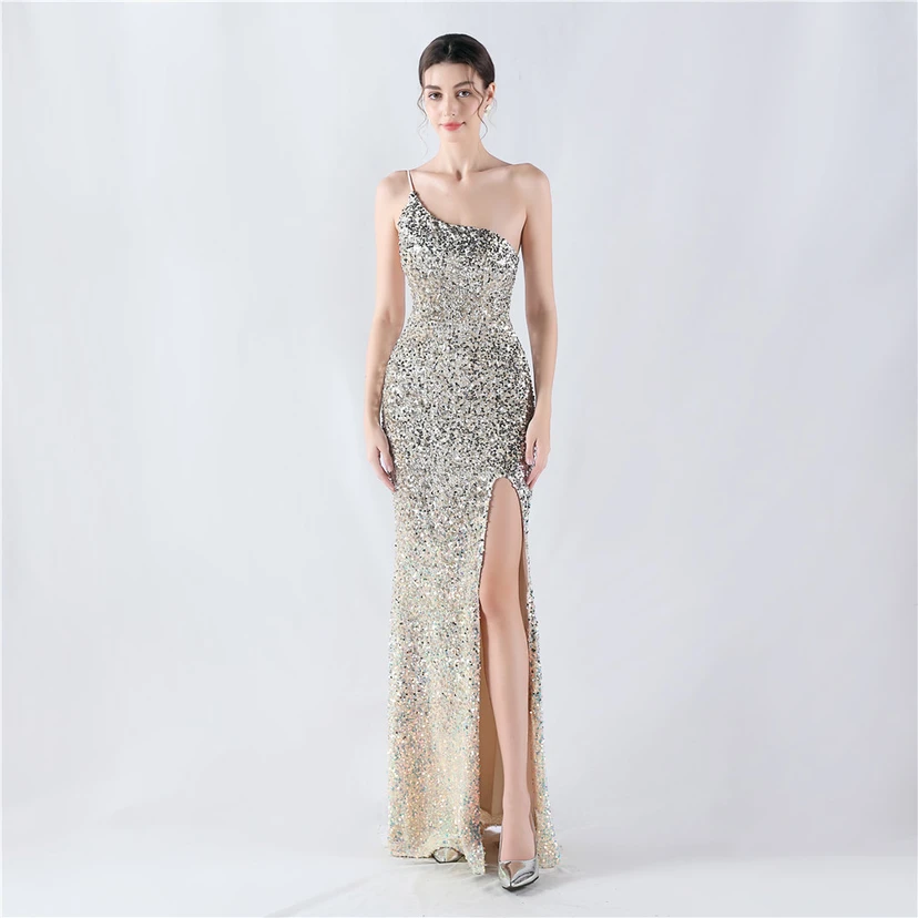 Sexy Abendkleid mit Samtsaum, Farbverlauf, Pailletten, hohem Schlitz und schräger Schulterpartie view 31